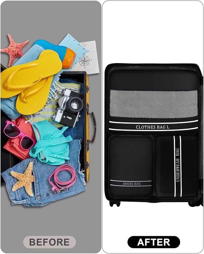 9 Set Packing Cubes Luggage Packing Organizers for Travel Accessories Space Saving Travel Bags for Carry On, Lightweight Mesh Zipper, Clothes, Shoes, Laundry and Shoe Bag, Suitcases (BLACK) - Image 6