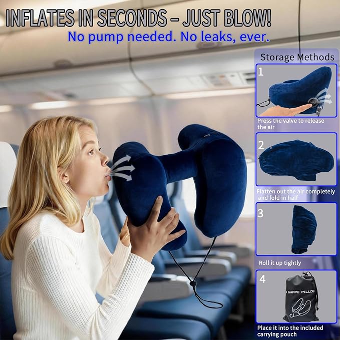 H-Shaped Travel Pillow with Snap-On Hood – Ergonomic Neck Support with Plush Velvet Cover, Instant Inflation & Compact Bag – for Airplane, Car, Office & Long Trips (Blue) - Image 4