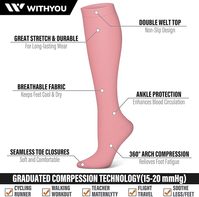 WITHYOU 3 Pairs Compression Socks for Women & Men 15-20 mmHg,Best Support for Nurses Running Hiking - Image 3