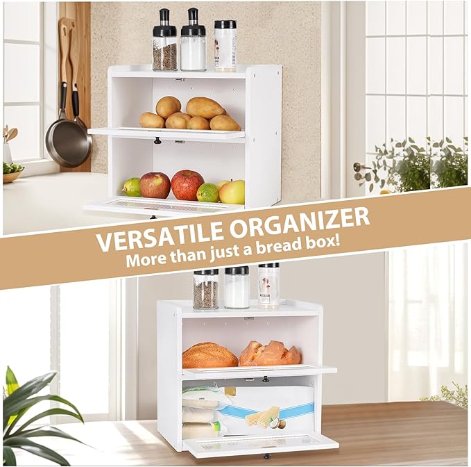 Sunhoo Bread Box for Kitchen Countertop Wooden Bread Storage Container Bin 2 Layer Breadbox Holder Large Capacity Keeper Vintage Farmhouse Food Organizer Pantry Shelf Acrylic Window (White) - Image 5