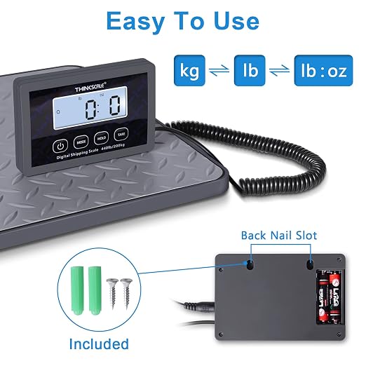 THINKSCALE Shipping Scale, 440 lb x 1 oz Digital Postal Scale, Hold & Tare | Non-Slip Rubber Platform, Bright Backlit LCD, Package, Luggage, Mailing & Postage Scale, AC Adapter & Batteries Included - Image 4