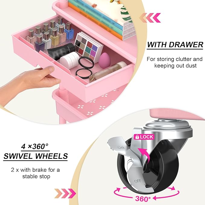 Goovilla 4 Tier Rolling Utility Cart Organizer with Removable Drawer, Pink | Stable and Sturdy Rolling Storage Carts with 2 Lockable Wheels for Bathroom, Kitchen, Snack, Craft, Makeup, Baby Essentials - Image 2
