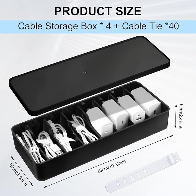 Tatuo 4 Pcs Cord Organizer for Drawer Desktop, Cable Organizer Box with 8 Compartments and Wire Ties, Plastic Charger Storage with Lid, Electronics Case for Home Office Accessories (Small,Black) - Image 2