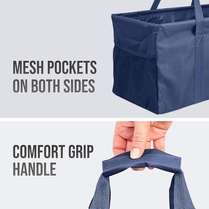 Extra Large Utility Tote Bag - Oversized Collapsible Reusable Wire Frame Rectangular Canvas Basket With Two Exterior Pockets For Beach, Pool, Laundry, Car Trunk, Storage - Navy Blue - Image 7