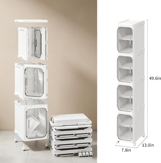 4-Tier Narrow Storage Cabinet Slim Bathroom Tall Skinny Organizer,White | Foldable Storage Cabinet with Lockable Rolling Wheels Magnetic Clear Door Adjustable Detachable Shelves For Narrow Space - Image 2