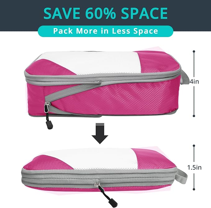 Compression Packing Cubes 6 Set, Compressible Space-Saving Packing Cubes for Travel - Compression Bags, Luggage Organizer, Travel Essentials for Women, Hot Pink - Image 2