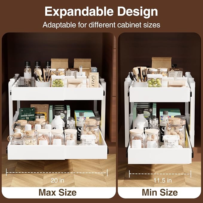2-Tier Expandable Pull Out Cabinet Organizer, Heavy Duty Adjustable Width Metal Slide Out Shelf, No Screw Cabinet Storage Rack for Kitchen Bathroom 17in Depth Cabinet（White） - Image 3