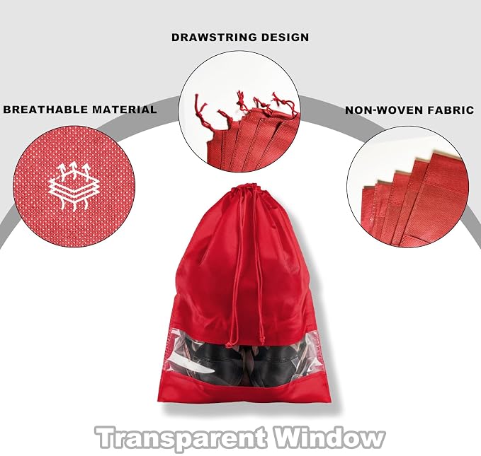 20 Pack Shoe Bags for Travel, 17" x 12.6" Drawstring Shoe Organizers with Clear Window, Breathable Non-Woven Dustproof Pouches for Luggage & Closet (Red) - Image 3