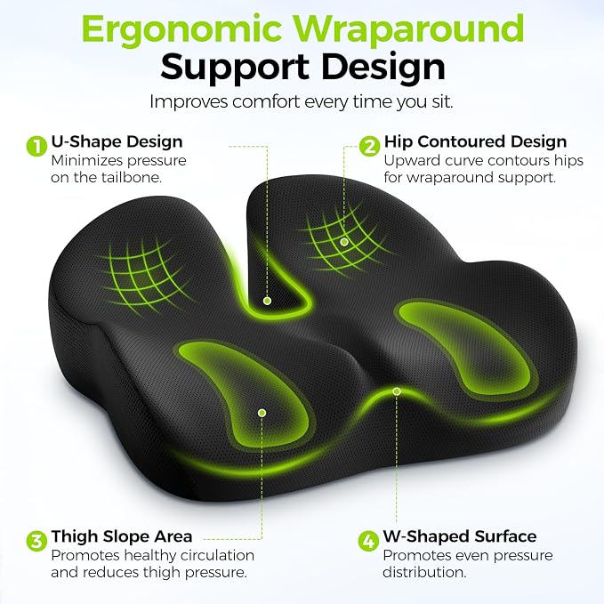 AUVON Gel Seat Cushion for Office Chairs, Ergonomic Memory Foam Chair Cushions for Long-Sitting Support & Sciatica, Back, Tailbone Pain Relief, Breathable Car Seat Cushion with Anti-Slip Base - Image 3