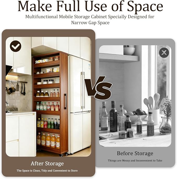 Rolling Spice Rack Next to Side of Fridge Storage Slim Narrow Shelf Lightweight 7 Tier Wooden Storage Cart for Kitchen, Dining Room, Bathroom, Small Spaces (Teak, 72.4" H x 9.8" W x 21.6" D) - Image 7