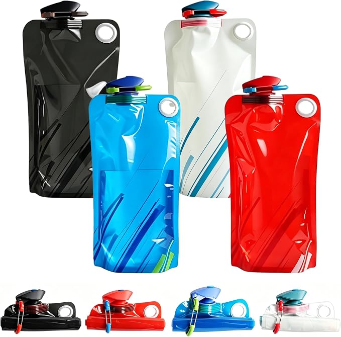 Collapsible Water Bottles With Carabiner,4 Pcs | 34 Ounce Foldable Water Bag,Bpa-Free Reusable Leakproof Water Bags,For Outdoor Sports Camping Traveling Biking Hiking by Unknown