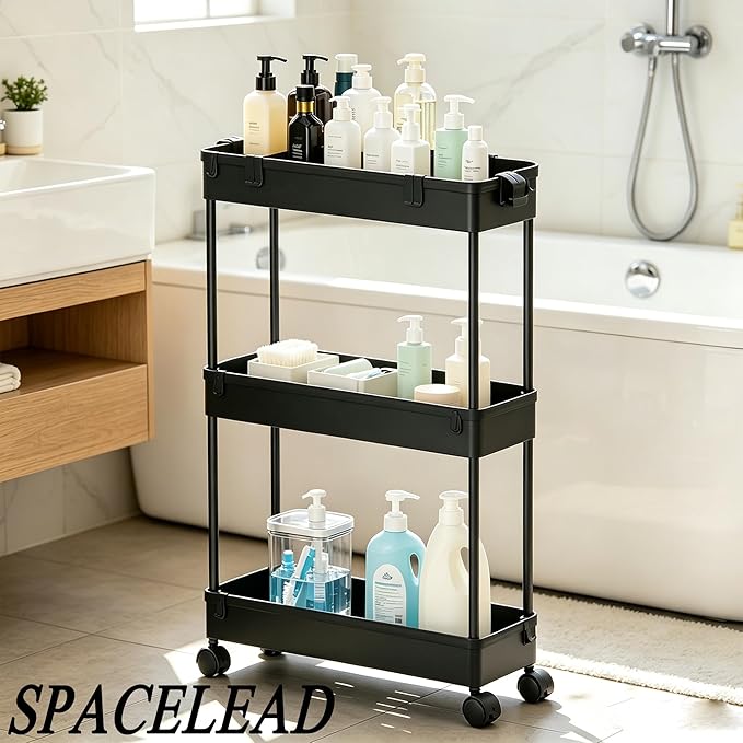 Slim Storage Cart 3 Tier,Bathroom Organizer Rolling Utility,Mobile Shelving Unit Slide Out for Office, Kitchen, Laundry Room & Narrow Places,Black - Image 2