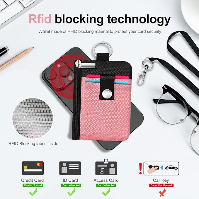 Minimalist RFID Blocking Small Wallet with ID Window,WaterResistant Zip Id Case Wallet with Lanyard Keychain for Cards,Cash,Travel,Women,Men (Pink/Black) - Image 4