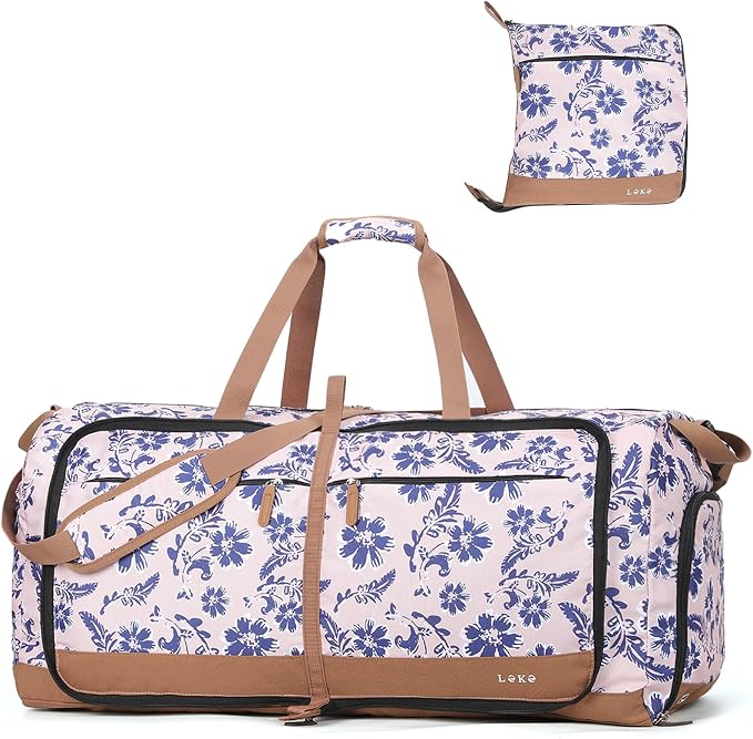 Lekesky Foldable Travel Duffle Bag for Women, Large Duffel Bag with Separate Shoes Compartments & Straps, Carry On Weekend Bag for Women, Hospital, Overnight (Pink Floral Print, 80L) by LEKESKY