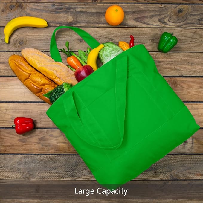 TOPDesign 1-Pack Canvas Tote Bag with an External Pocket, Reusable Grocery Shopping Bag, Top Zipper Closure, Daily Essentials (Lime Green) - Image 3