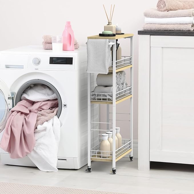 NOVIMANGO Slim Storage Cart White 4 Tier Rolling Cart with Wheels | Slim Rolling Cart for Kitchen, Narrow Storage Cabinet for Bathroom, with Wood Tabletop, for Narrow Spaces - Image 4