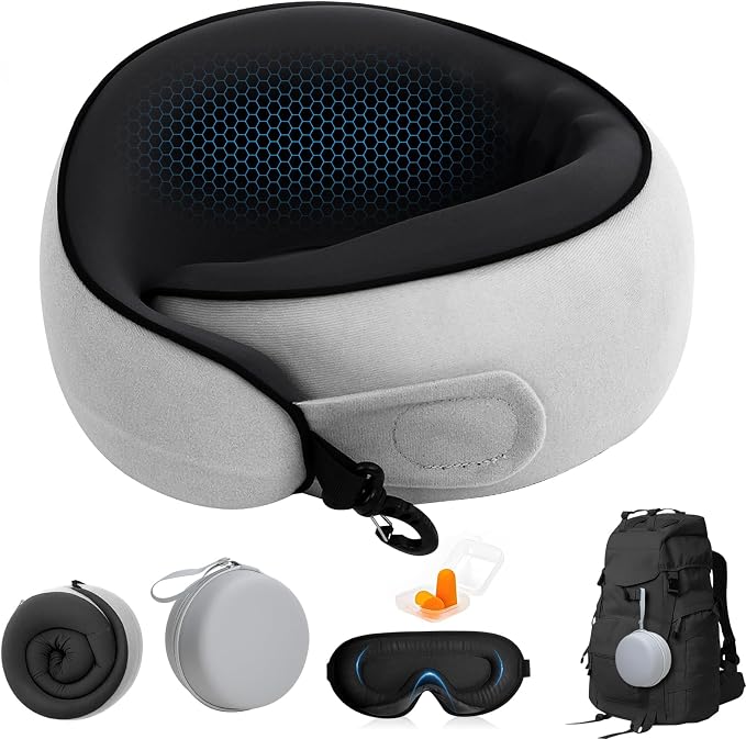 360° Full Support Compact Neck Airplane Pillow for Car, Office | Neck Pain Travel Pillow for Rest; Long Flight Kit with Contoured 3D Eye Mask, Earplugs & Portable Storage Box by Audoyon