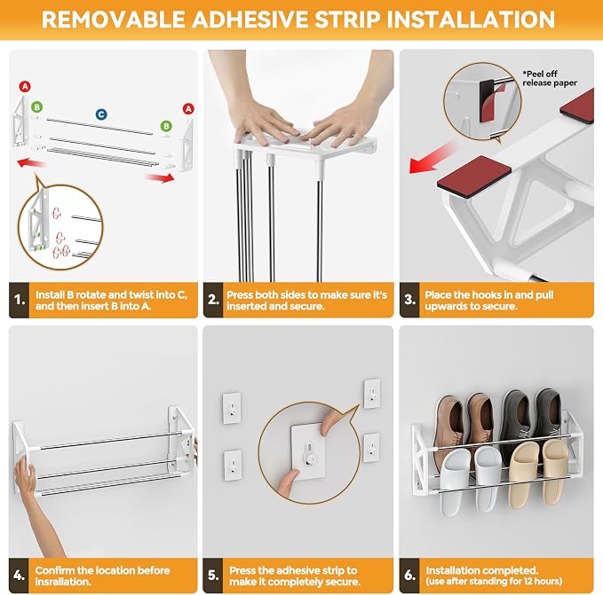 3 Pack Wall Mounted Shoe Rack, No Drill Adhesive & Screw 2-in-1 Holds 12 Pairs, Space-Saving Vertical Storage for Entryway, Bathroom & Kitchen, Renter Friendly Fits Tile Marble Glass Wood Wall (White) - Image 5