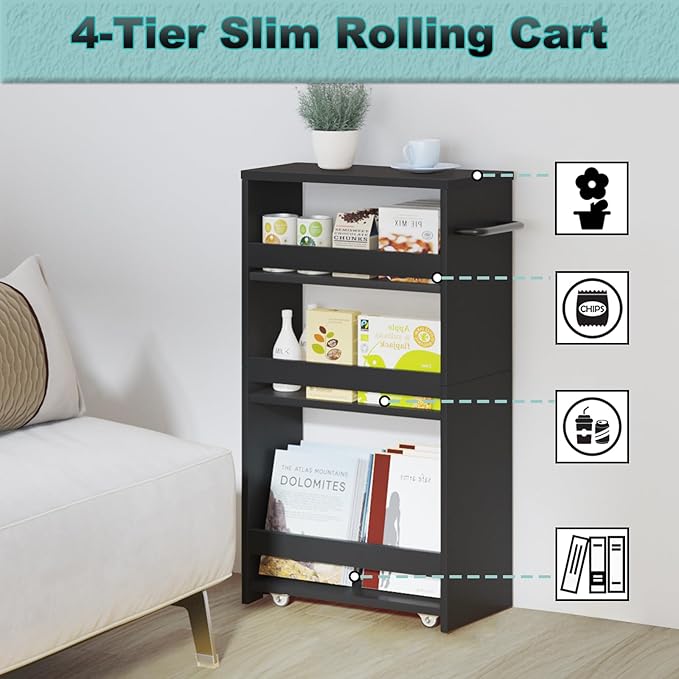 MARTY Slim Rolling Storage Cart, Wood Utility Kitchen Bathroom Laundry Cart | 4 Tier Kitchen Cart with Wheels Handle, Laundry Room Organization Between Washer and Dryer, Narrow Storage Cabinet, 8” Wide - Image 7