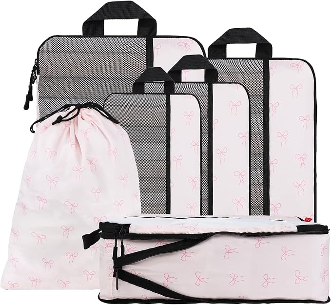 U+U 6 Set Compression Packing Cubes, Travel Organizers (Pink Bow) | Space-Saving & Drawstring Bag Included by UU
