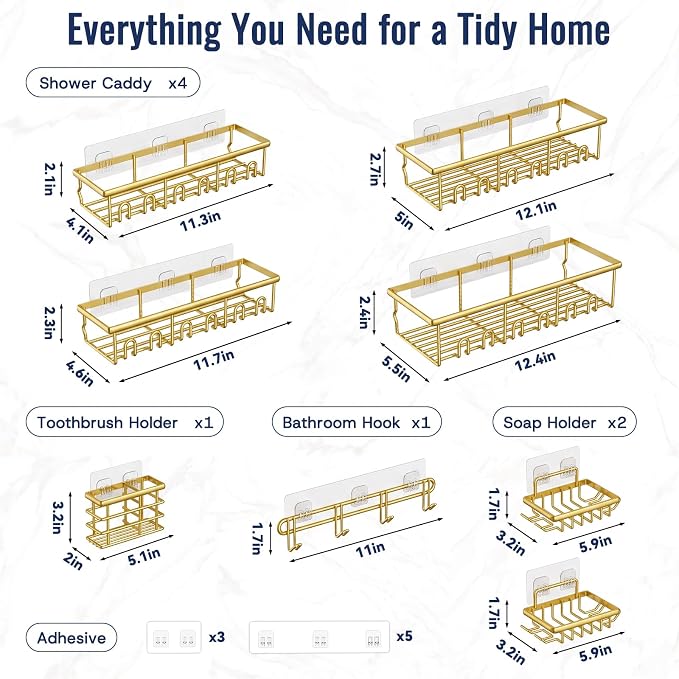 8 Pack Adhesive Large Capacity No-Drilling Shower Caddy, Gold | Rustproof Shower Shelves Rack with Soap Dishes, Toothbrush Holder & Hooks for Bathroom Organizers & Storage Accessories - Image 8