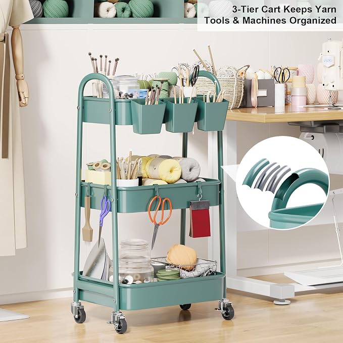 3 Tier Green Metal Rolling Cart with Lockable Wheels and Handle, 3 Tiered | Utility Storage Organizer Carts for Teacher, Arts, Craft, Snack, Book, Bedside, Nursery, Cleaning Supplies,Dorm,Easy Assembly - Image 2