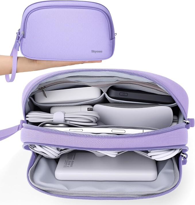 Skycase Travel Cable Organizer - Lightweight Water Resistant Dual-Layer Tech Pouch with Wrist Strap 9 Compartments Electronic Organizer Travel Case for Charger Cord Hard Drive,Medium,Purple by Skycase