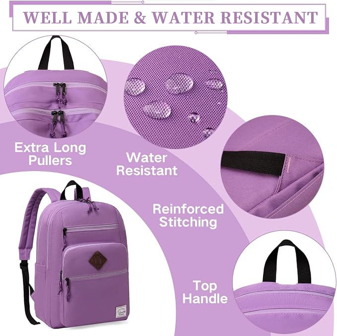 VASCHY School Backpack for Women, Unisex Large Bookbag Schoolbag Casual Daypack for High School/College/Teens/Travel/Work Purple - Image 4