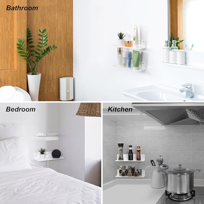 OAPRIRE Acrylic Floating Wall Shelves White, Damage Free, 12 Inch 2 Pack | Strong Tape Adhesive Wall Shelf No Drill, Easy Installation, Hole Design with Cable Clips, Small Spaces Bedroom Bathroom - Image 3