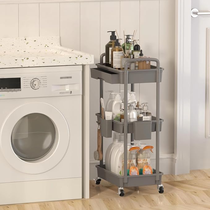 3 Tier Rolling Utility Cart with Drawer, Plastic Storage Organizer Rolling Carts with Wheels Handles Hanging Cups Hooks for Office, Bathroom, Kitchen,Craft Art Room (Grey) - Image 6
