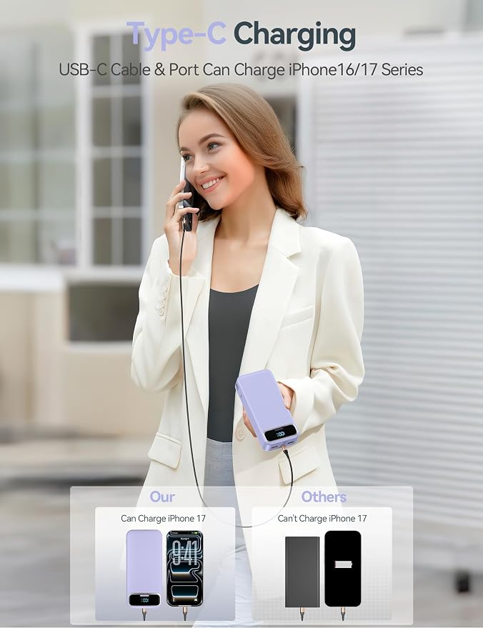 aonidi Portable Charger 20000mAh with Built-in Cables&AC Wall Plug, Purple | PD20W Fast Charging,Travel Essential,TSA Approved,LED Display,All in One USB C Power Bank for All Cell Phones Devices - Image 6