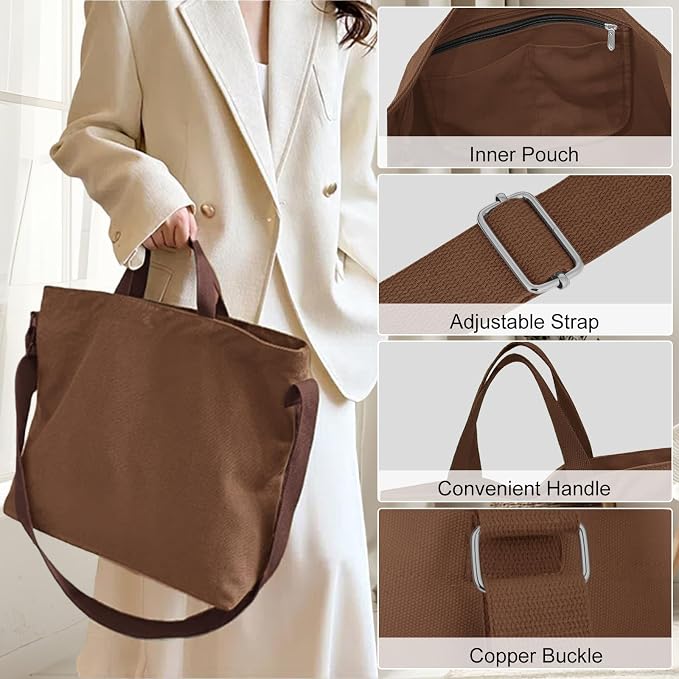 Women's Canvas Tote Bag inside Out Bag with Adjustable Crossbody Strap for Work Travel Shopping Durable Handbag for Men - Image 2