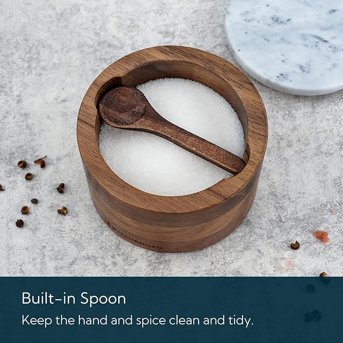 KITCHENDAO Acacia Salt Cellar Box Bowl with Built-in Spoon and Marble Lid, Solid Natural Acacia Wood Bath Sea Salt Container, Elegant Modern Grey and White Marble Lid Spice Bowl, 6oz Capacity - Image 3