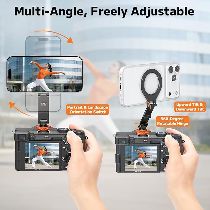 VRIG MG-40 Magnetic Phone Tripod Mount for Magsafe, Three Rotatable Axes Phone Holder with 1/4 Thread & Cold Shoe Adapter for Camera, Compatible with iPhone 17/16/ 15/14/ 13/12 Series - Image 5