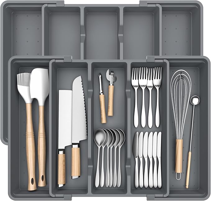 Large Expandable Silverware Drawer Organizer, Utensil Tray | Kitchen Drawer Organizer for Spoons/Forks/Knives, Multipurpose & BPA Free Cutlery Tray(2 Pack, Gray) by Unknown