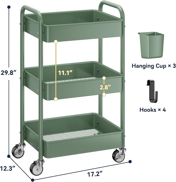 3-Tier Rolling Cart, Green, 66 Pounds Capacity, Mesh Storage Organizer with Lockable Wheels, 3 Hanging Cups, 4 Hooks, Easy Assembly, for Kitchen, Bathroom, Laundry, Grocery | Sturdy Rolling Storage Cart With Hooks & Hanging Cups, Great For Craft, Art W... - Image 6