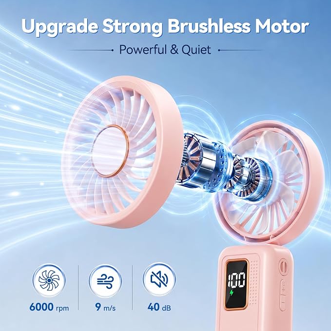 Handheld Fan, 5 Speed & 14H Cooling Time Portable Fan, 6000mAh USB Rechargeable Mini Fan with LED Display, Powerful but Quiet, Foldable Desk Fan, Lanyard for Neck Fan, Personal Fan for Travel/Office - Image 3