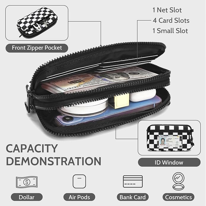 FODOKO Wristlet wallets for Women RFID crossbody bags with 4 Zippers | Checkered quilted nylon with credit card slots, cell phone organizer, and coin purse for travel and everyday carry - Image 4