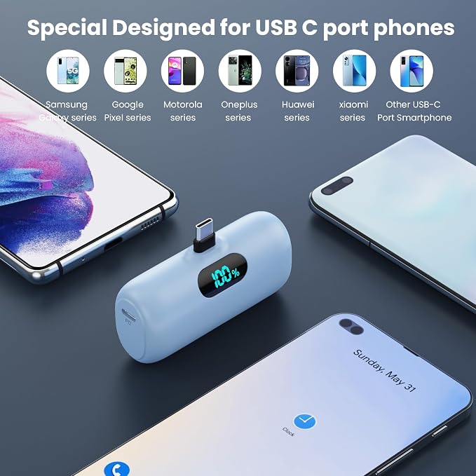 [2-Pack] Mini Portable Charger 5000mAh Power Bank,3A PD USB C Cell Phone Portable Power, LCD Display Battery Pack Compatible with iPhone 17/17 Air/16/16 pro/15/15 pro Max/Android/Samsung/Moto/LG etc - Image 7