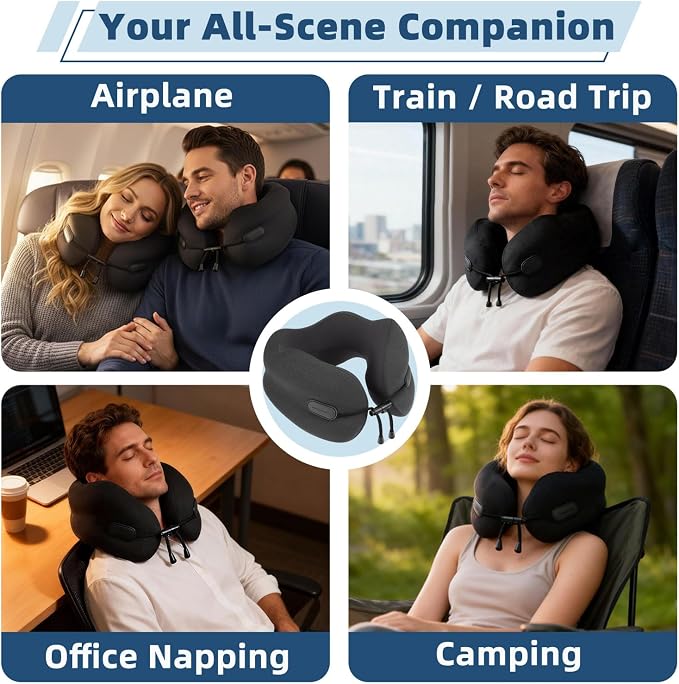 Ergonomic Travel Neck Pillow for Airplane, Memory Foam Support for Long Haul Flight Headrest, Soft Compact U Shaped for Adult Women Plane Sleeping, Portable Carry Box, Eyemask, Earplugs, Size S - Image 3