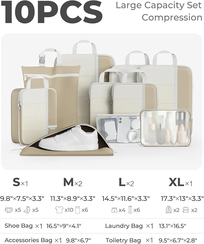 Percover Compression Packing Cubes for Travel, 10-Piece Structured Compression Organizer Set with Toiletry Bag, Laundry Bag & Shoe Bag for Carry-On & Checked Luggage, Camel - Image 2