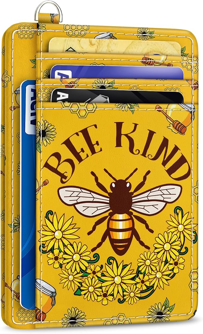 Yonlevres Bee Credit Card Holder Slim RFID Wallet Women Small Travel Cute | Front Pocket, Handy, RFID Blocking, Woman Girls Ladies Gifts, D-ring for Keychain,Thin Mini Card Case, ID Window, PU Leather by Yonlevres