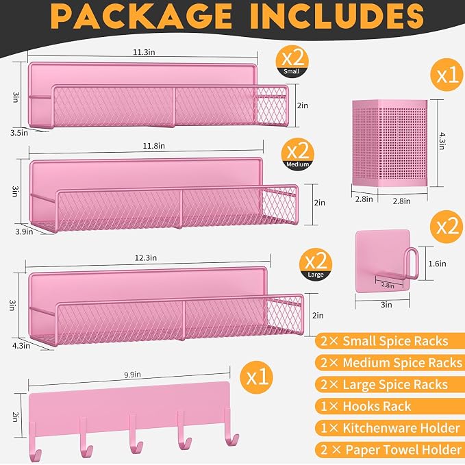 Magnetic Spice Rack for Refrigerator, 10 Pack Metal Magnetic Shelf, Moveable Spice Organizer with Hook Rack, Paper Towel Holder, Kitchenware Holder, Strong Magnetic Storage Fridge Organizer Pink - Image 2