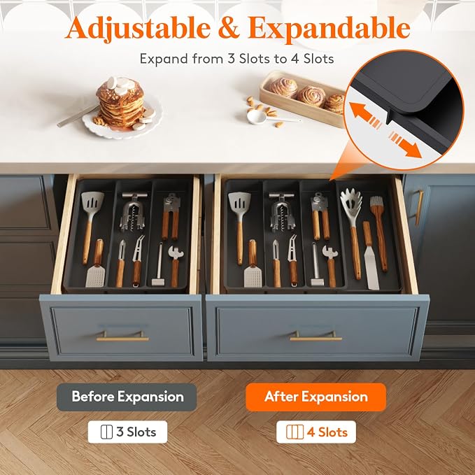 Lifewit Utensil Organizer for Kitchen Drawer, Expandable Cooking Tray | Adjustable Cutlery Flatware Holder, Plastic Silverware Spatula Tools Storage Divider, 11.9-17.3 x 15.8", Black - Image 4
