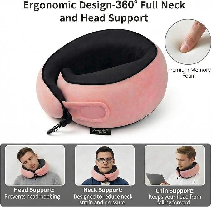 Memory Foam Wrap Around Travel Neck Pillow for Airplane, Pink | Travel pillow for airplanes with adjustable 360° neck support, breathable, washable cover, eye mask, earplugs & compact bag - Image 3