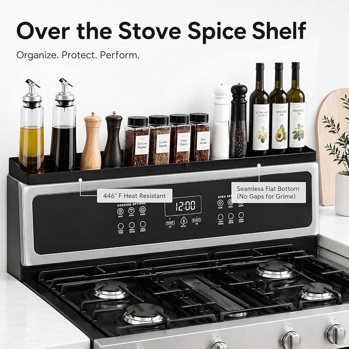 30" Magnetic Stove Top Shelf, Silicone Over the Stove Spice Rack Organizer | Heat Resistant Silicone, Anti-Rattle No-Scratch Range Shelf, 3 Functional Partitions Kitchen Storage for Spices - Image 2