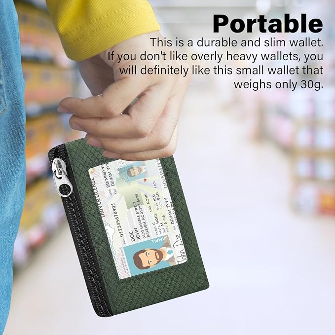 Minimalist RFID Blocking Wallet with 2 Zip Pockets and Lanyard, Water Resistant ID Case with Key Ring and Cards Badge Holder, Coin Purse Pouch for Men and Women Travel Sports -GREEN - Image 6