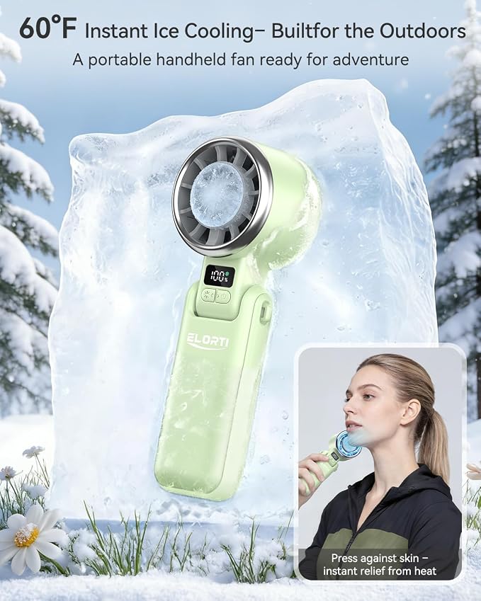Portable Handheld Fan, USB Fan with Turbo & Ice Cooling, 5-Speed 4000mAh Rechargeable, 3-in-1 Mini Electric Fan, Lightweight & Compact for Outdoor, Camping, for Men & Women -Green - Image 2