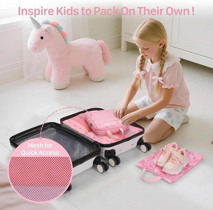 Kids Compression Packing Cubes - 4 PCS Travel Sets, Pink Unicorn | Water Resistant 4 Piece Set with Shoe Bag, Toddler Suitcase Organizer Set, Expandable Storage for Luggage - Image 2