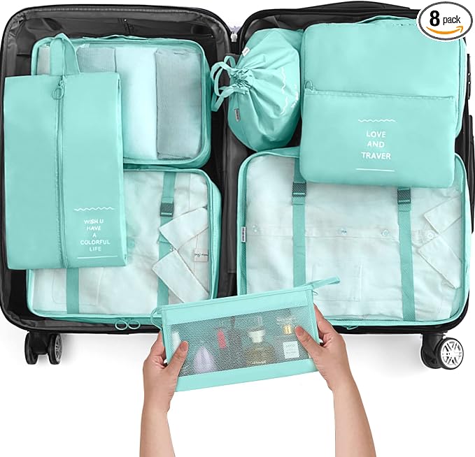 KPX 8 Set Packing Cubes for Travel, Luggage Packing Organizers Accessories Large Toiletries Bag for Clothes Shoes Cosmetics (Blue) by KPX